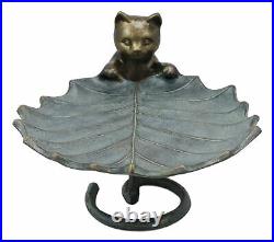 17L Aluminum Rustic Whimsical Curious Kitten Cat With Leaf Bird Feeder Statue