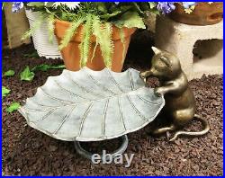 17L Aluminum Rustic Whimsical Curious Kitten Cat With Leaf Bird Feeder Statue