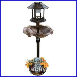 Bird Bath Feeder Station With Double Solar Light Free Standing Ornament Planter