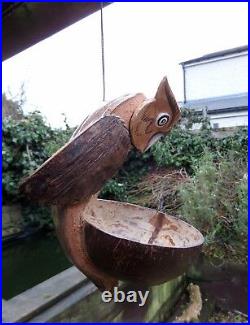 Fair Trade Hand Made Wooden Coconut Owl Bird Hanging Bird Seed Feeder Station