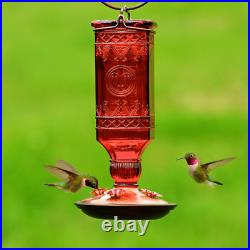 Glass Hummingbird Feeder Hanging Red Antique Square Decorative 24 oz. Capacity