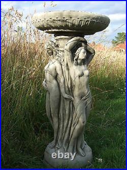 THREE GRACES BIRD BATH FEEDER Hand Cast Stone Garden Ornament Statue onefold-uk