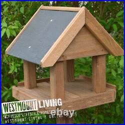 Wooden Bird Table Feeding Station Slate Roof Wood Garden Feeder Freestanding